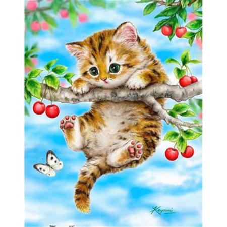 Diamond Painting - Kitten hangend aan een tak - 25x30 cm - Volledig