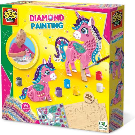 SES - Diamond painting - 3D Unicorns - houten eenhoorns - 540 diamant stickers - met glitterstickers