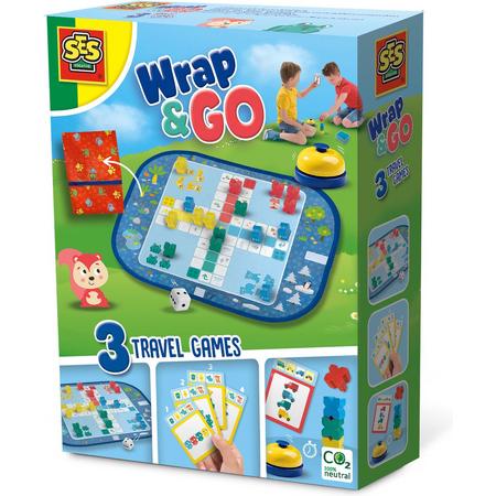 SES - Wrap&Go reisspellen - Ludo - Kwartet - Speed blocks - 3 in 1 - travel size - speelbord is de bewaartas - houten onderdelen