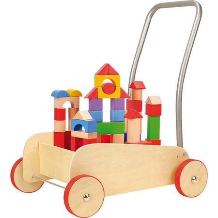Blokkenkar hout - Met rubberen bandjes - leren lopen en leren bouwen! - Speelgoed vanaf 1 jaar