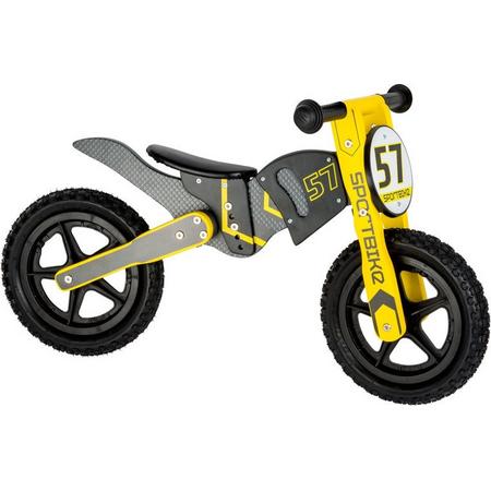 Houten loopfiets jongens - motorcrosser - Zithoogte verstelbaar: 37 - 40cm - Geel - grijs - houten jongens speelgoed vanaf 3 jaar