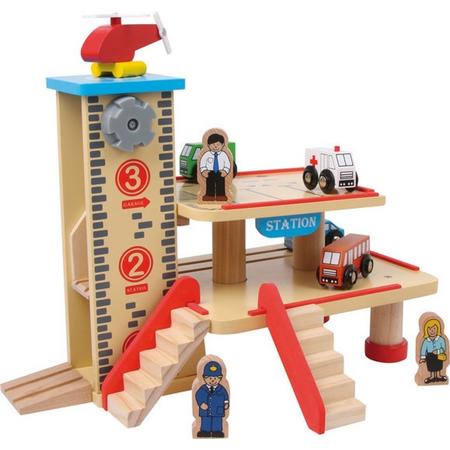 Houten parkeergarage speelgoed - Station en parkeergarage (ruimte voor 4 voertuigen) - Houten speelgoed vanaf 3 jaar