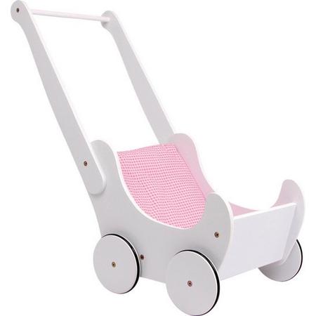 Houten poppenwagen - wit/roze - Inclusief matras - Rubberen wielen - Houten speelgoed vanaf 3 jaar