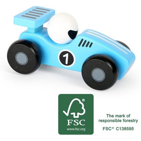 Houten speelgoed auto - blauwe race auto - FSC - Auto speelgoed - houten speelgoed vanaf 18 maanden