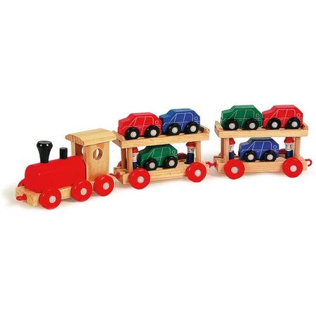 Houten treinbaan trein - Trein die autos vervoerd - Set van 13 voertuigen - trein speelgoed - universeel - houten speelgoed vanaf 3 jaar