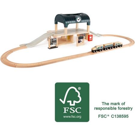 Treinbaan set met groot station - 31 delig - spoorwegen - houten speelgoed vanaf 3 jaar