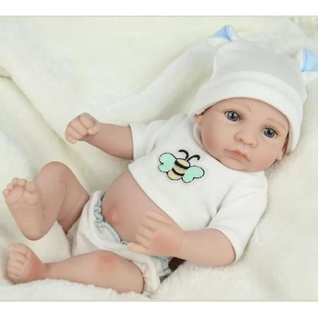 Babypop SONO met bijen kleertjes en witte muts - knuffel pop - Reborn baby pop (hand gemaakt)
