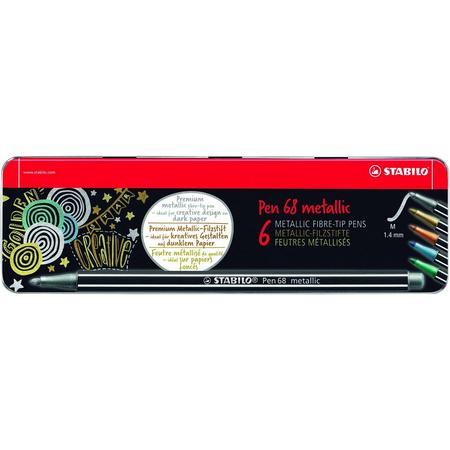 STABILO Pen 68 Metallic Viltstiften - Metalen Etui 6 stuks