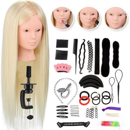 Oefenhoofd 80% Echt Haar met Statief en Accessoires - Kappershoofd - Oefenpop Kapper - Blond Haar - 60 cm