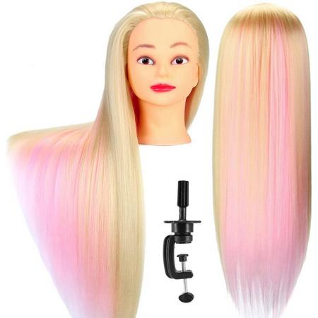 Oefenhoofd Kappershoofd - Statief - Kappop - Kaphoofd - Blond & Roze Haar - 70 cm