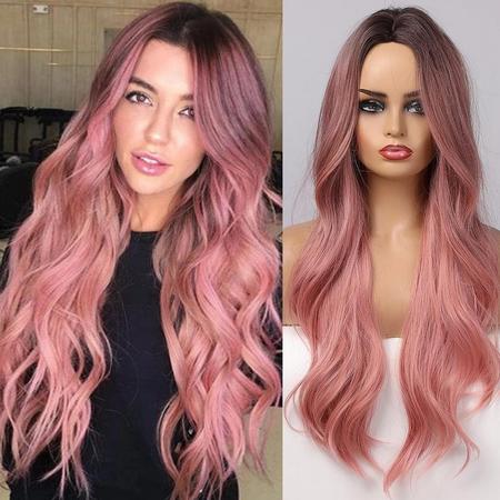 Pruik - Roze - Ombre Kleur - Pruiken Dames - Wig - One Size Verstelbaar - Lang Haar Golvend - 70 cm