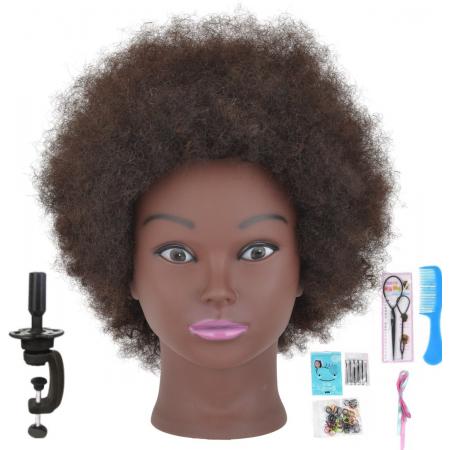 Sassy Goods® Oefenhoofd - Kappershoofd - Afro - Oefenpop Kapper - 100% echt haar - Kroeshaar - Met statief en accessoires - 15 cm