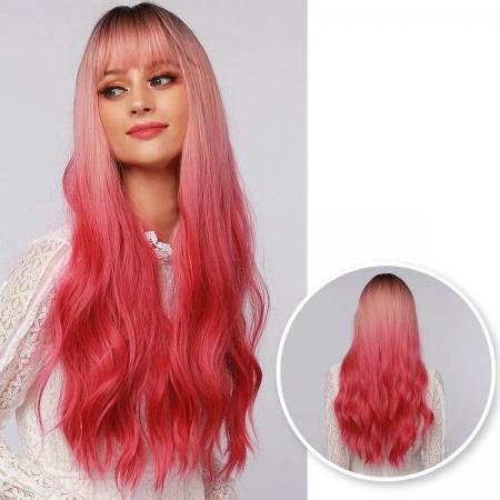 SassyGoods® Roze Pruik Ombre Kleur - Pruiken Dames - Wig - Verstelbaar - Lang Haar Golvend - 70 cm