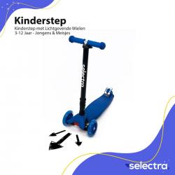 Selectra kinderstep met 4 lichtgevende wielen – Kick step voor kinderen van 3 t/m 9 jaar – Led scooter met click and ride functie - Blauw