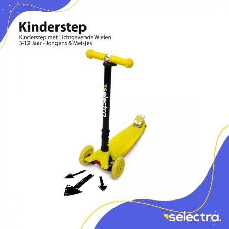 Selectra kinderstep met 4 lichtgevende wielen – Kick step voor kinderen van 3 t/m 9 jaar – Led scooter met click and ride functie - Geel