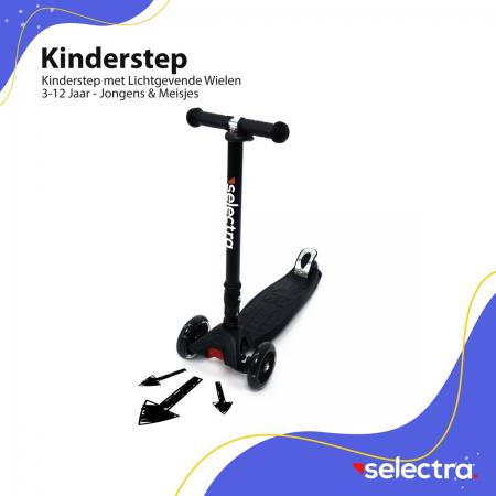 Selectra kinderstep met 4 lichtgevende wielen – Kick step voor kinderen van 3 t/m 9 jaar – Led scooter met click and ride functie - Zwart
