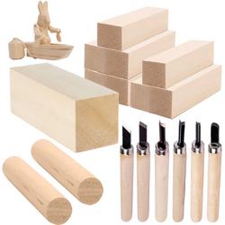 11-delig lindehout, natuurlijk houtsnijhout, onbehandelde houtsnijblokken, licht hout en 6-delige snijmessen, geschikt voor beginners, kinderen, volwassenen, doe-het-zelf, kunsthandwerk snijden