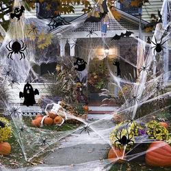 Halloween decoratieve spinnenwebset, 100 g wit Halloween-spinnenweb met 35 zwarte griezelige spinnen, 1 set 3D-Halloween-decoratieve stickers voor Halloween-binnen- en buitendecoratie en feest