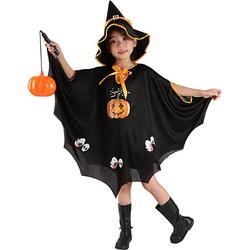 Halloweenkostuum voor kinderen, carnavalskostuum, heksenkostuum, pompoen, vleermuiscape kostuum, zwarte cape met hoed voor Halloween, cosplay, party, ideaal voor lengte 90-150 cm