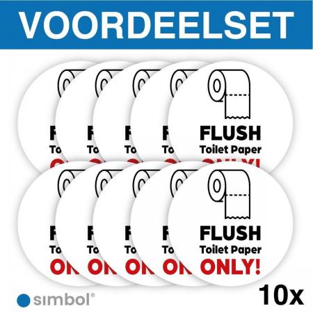Voordeelset 10 Stuks - Sticker Flush toilet paper only - Formaat ø 10 cm - Duurzame kwaliteit - Simbol