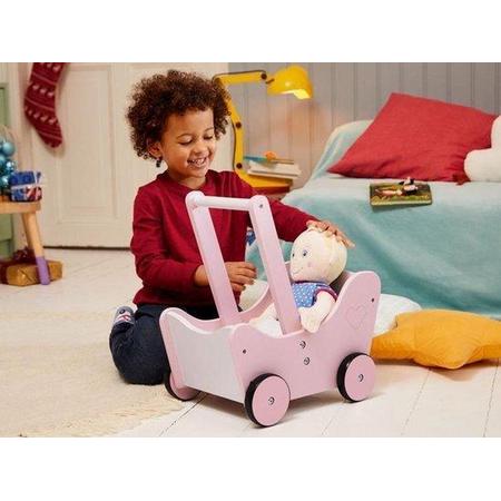 Houten Poppenwagen Houten poppenwagen - wit/roze - Inclusief dekentje - Rubberen wielen - Houten speelgoed vanaf 3 jaar