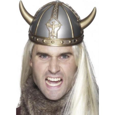 2x stuks zilveren Vikingen verkleed helm met gouden hoorns - Carnaval hoeden/helmen