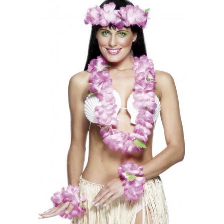 4x stuks roze Hawaii kransen verkleed set deluxe - Carnaval verkleedkleding voor dames