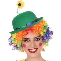Clown verkleed set gekleurde pruik met bolhoed groen met bloem - Carnaval clowns verkleedkleding en accessoires
