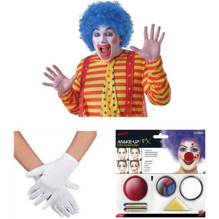 Clown verkleed set volwassenen - pruik blauw/schmink/neus/handschoenen