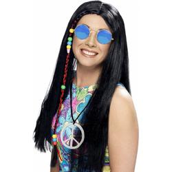 Dames Flower Power Hippie Sixties verkleed set zwarte pruik en ronde blauwe bril en peace teken ketting
