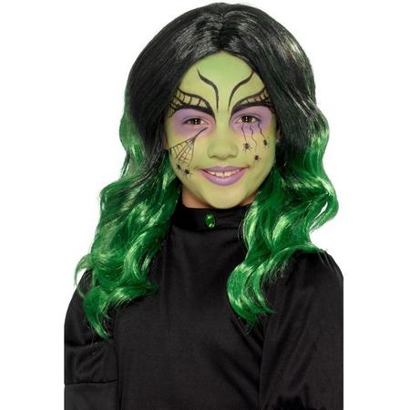 Halloween - Lange zwart met groene meisjespruik met krullen