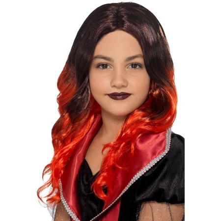 Halloween - Lange zwart met rode meisjespruik met krullen