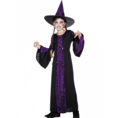 Halloween Heksen kinder kostuum zwart/paars 110-122 (4-6 jaar)