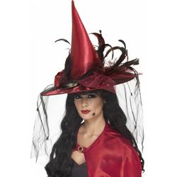 Halloween Rode heksen hoed met veren