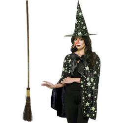 Heks verkleed kostuum voor dames met bezem en neus - Glow in the dark - Halloween/carnaval verkleedkleding heksen