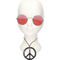 Hippie Flower Power verkleed set peace-teken ketting met ronde glazen zonnebril oranje