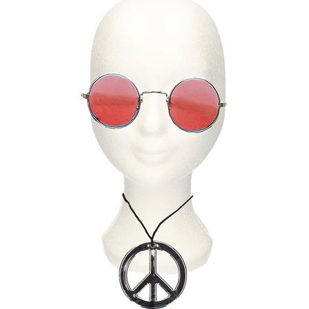 Hippie Flower Power verkleed set peace-teken ketting met ronde glazen zonnebril oranje