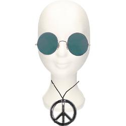 Hippie Flower Power verkleed set peace-teken ketting met ronde groene glazen zonnebril