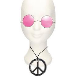 Hippie Flower Power verkleed set peace-teken ketting met ronde lichtroze glazen zonnebril