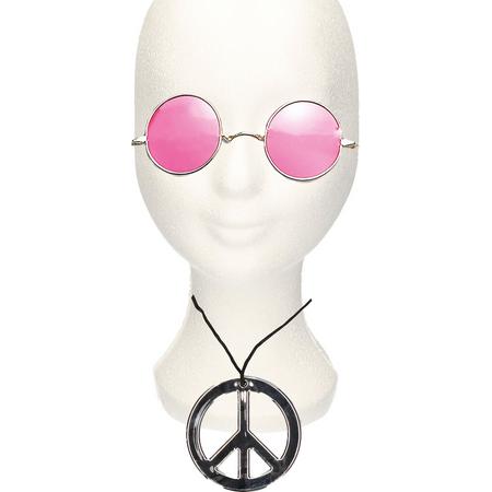 Hippie Flower Power verkleed set peace-teken ketting met ronde lichtroze glazen zonnebril