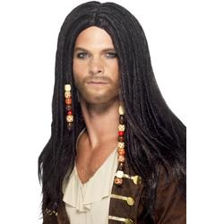 Jack Sparrow Pruik, Piraten pruik met lang zwart haar en kralen