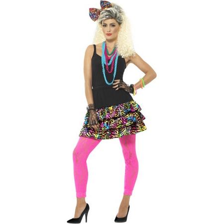 Jaren 80 party girl set - Rokje (maat 36 tot 42) en Haarstrik met neon kleuren en luipaardprint plus gekleurde kettingen