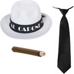   - Gangster/Maffia verkleed set hoed Al Capone wit met zwarte stropdas en vette sigaar
