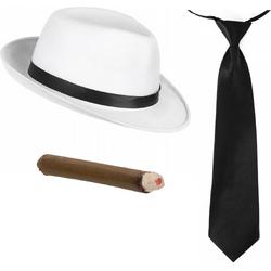   - Gangster/Maffia verkleed set hoed Al Capone wit met zwarte stropdas en vette sigaar