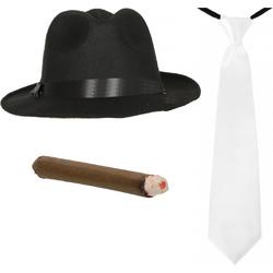   - Gangster/Maffia verkleed set hoed zwart met witte stropdas en vette sigaar