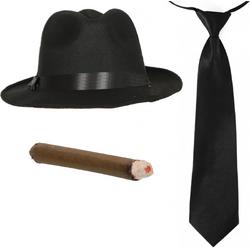   - Gangster/Maffia verkleed set hoed zwart met zwarte stropdas en vette sigaar