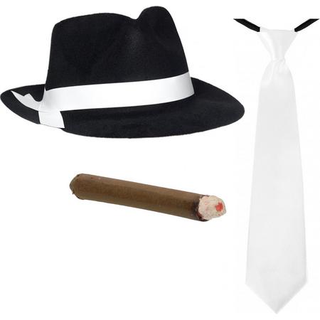 Smiffys - Gangster/Maffia verkleed set hoed zwart/wit met witte stropdas en vette sigaar