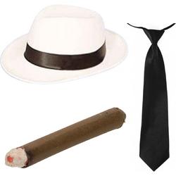   - Gangster/maffia verkleed hoed wit - stropdas en vette sigaar
