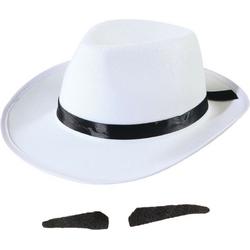   - Gangster/maffia verkleed set hoed wit/zwart met snorretje