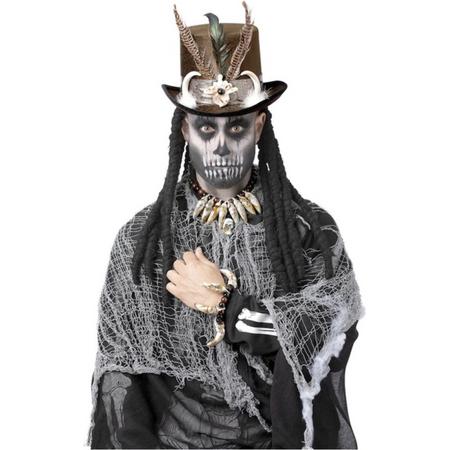 Smiffys - Heks & Spider Lady & Voodoo & Duistere Religie Kostuum - Voodoo Genezer Accessoire Set Hoed En Ketting - bruin,wit / beige - One Size - Halloween - Verkleedkleding